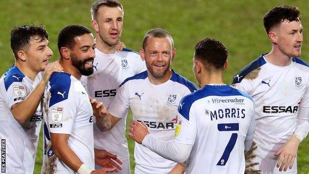 Tranmere celebrate Liam Feeney's goal against Forest Green