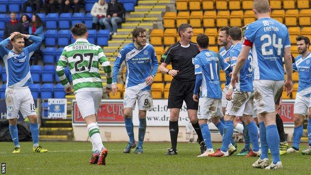 Craig Thomson is surrounded by frustrated St Johnstone players after awarding Celtic a penalty