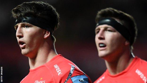 Ben and Tom Curry look on during the Premiership rugby match between Bristol Bears and Sale Sharks