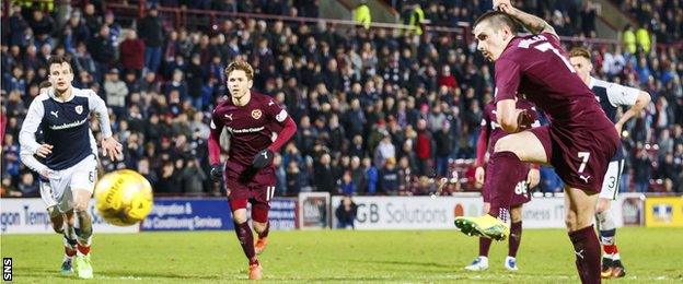 Jamie Walker converts a penalty to put Hearts 3-2 ahead