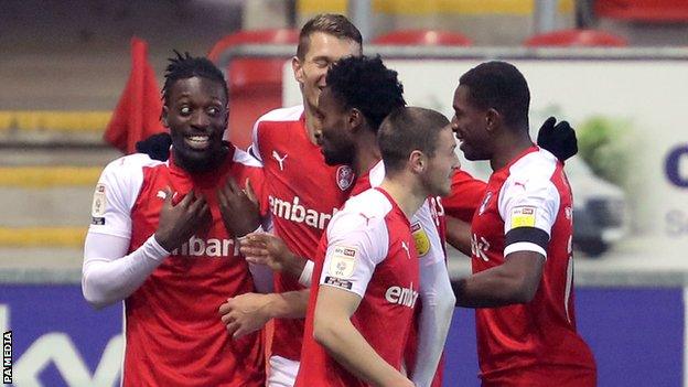 Rotherham celebrate Freddie Ladapo's second goal