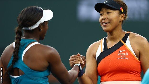 Naomi Osaka shakes hands with Sloane Stephens after her win