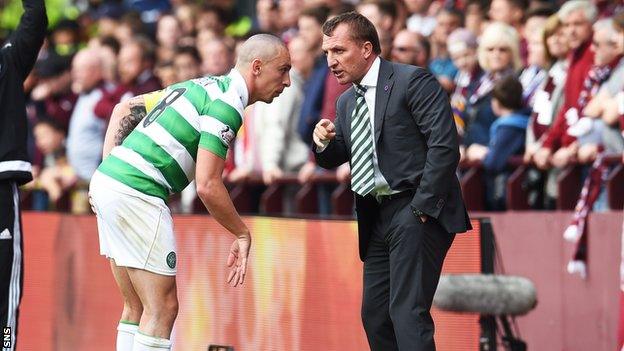 Brendan Rodgers and Scott Brown on the touchline as Celtic face Hearts