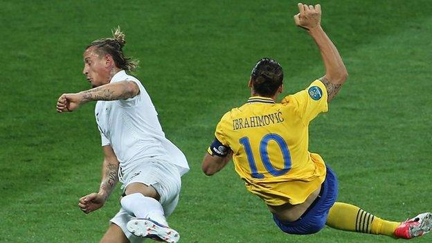 Zlatan Ibrahimovic scores fro Sweden at Euro 2012