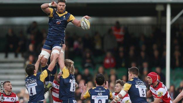 Darren Barry of Worcester goes up in a line-out