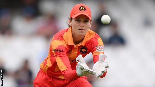 Birmingham Phoenix wicketkeeper Amy Jones prepares to catch a ball