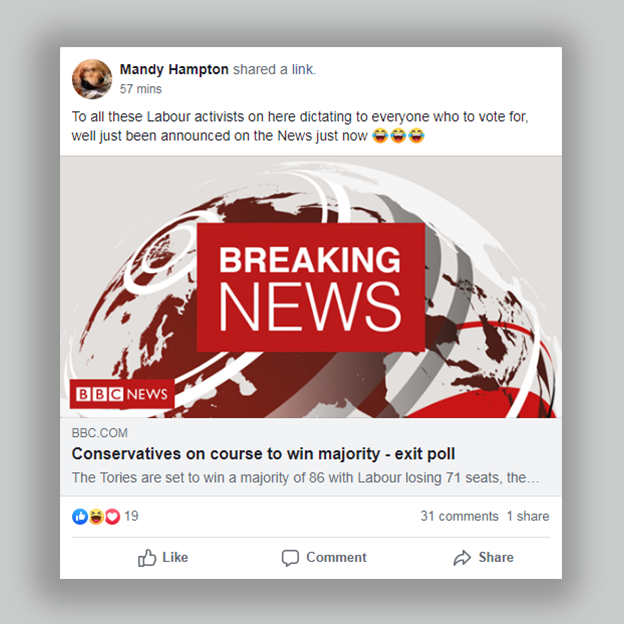 Post from a local group which says "to all those labour activists on here dictating to everyone who to vote for, well just been announced on the news just now" followed by a link to breaking news about the exit poll