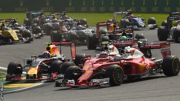 Max Verstappen (left) collided with the two Ferrari drivers at La Source hairpin at the start of the Belgium Grand Prix