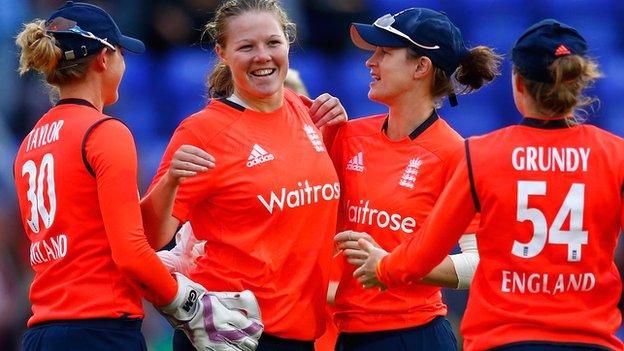 England women celebrate against Australia during the third T20, August 2015