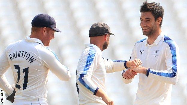 Yorkshire's Duanne Olivier takes a wicket against Notts