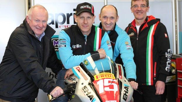 NW 200 event director Mervyn Whyte, Ben Wilson, EHA Racing's Edward Allingham and crew chief Ian Newton