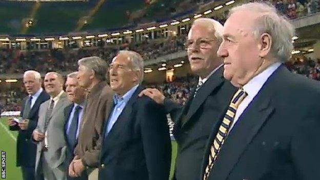 Seven of Wales' 1958 World Cup squad reunited at the Millennium Stadium in May 2002