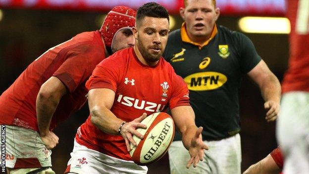 Rhys Webb prepares to kick for Wales against South Africa