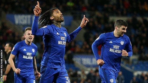 Cardiff City's Armand Traore celebrates his first goal for the club