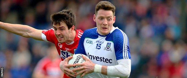 Cork's Jamie O'Sullivan challenges Monaghan's Conor McManus and Pairc Ui Rinn