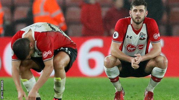 Jeremy Pied (left) created Southampton's opener but was left distraught along with Jack Stephens after the defeat