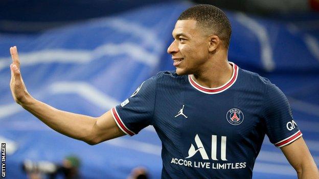 Kylian Mbappe celebrates scoring against Real Madrid