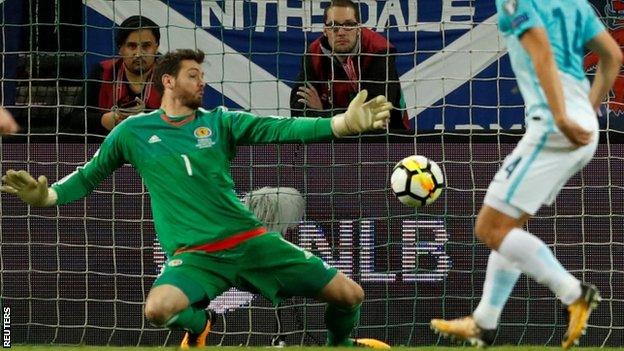 Craig Gordon makes a save against Slovenia