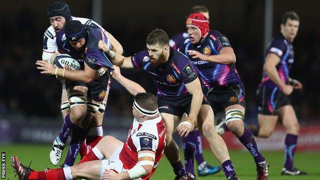 Exeter's Mitch Lees in action against Ulster forwards Kieran Treadwell and Ross Kane