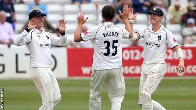 Warwickshire's Will Rhodes finished with match figures of 9-55, including the prize wicket of Sir Alastair Cook twice