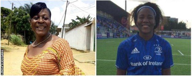 Linda Djougang's mum in Cameroon on the left and Linda Djougang in Leinster kit on the right