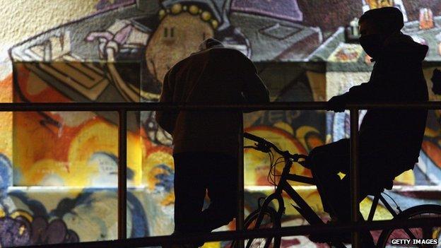 Teenagers on bikes in silhouette