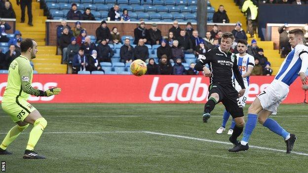 Hibernian striker Florian Kamberi scores against Kilmarnock