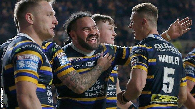 Konrad Hurrell celebrates a Leeds try against Toronto