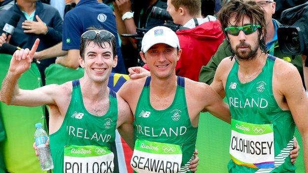 The Irish trio of Paul Pollock, Kevin Seaward and Mick Clohisey after finishing the Olympic marathon