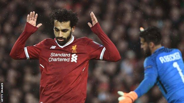 Liverpool's Mohamed Salah celebrates after scoring his team's second goal during Champions League first leg semi-final win over Roma