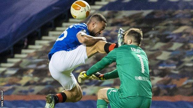 Kemar Roofe was sent off for a high tackle on Slavia Prague's goalkeeper