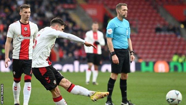 Romain Perraud scores for Southampton against Blackpool