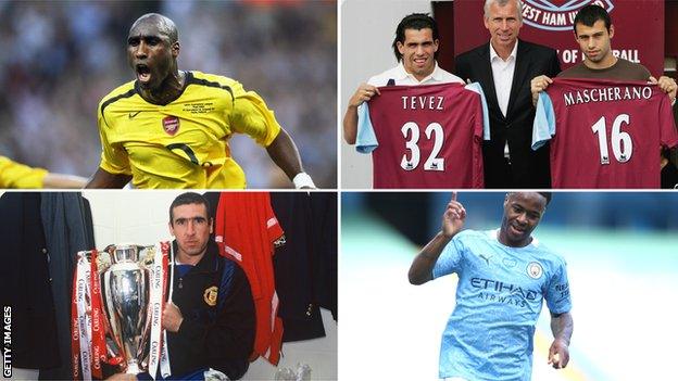 Top left: Sol Campbell. Top right: Carlos Tevez and Javier Mascherano. Bottom left: Eric Cantona. Bottom right: Raheem Sterling