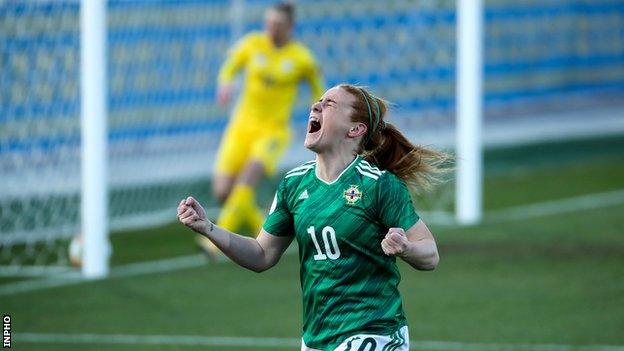 Rachel Furness celebrates scoring against Ukraine in the Euro 2020 play-off first leg