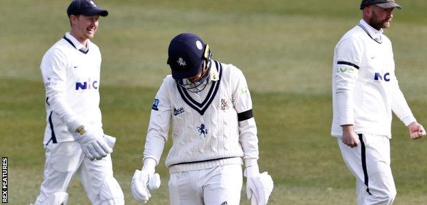 Kent's Matt Milnes reacts to his dismissal