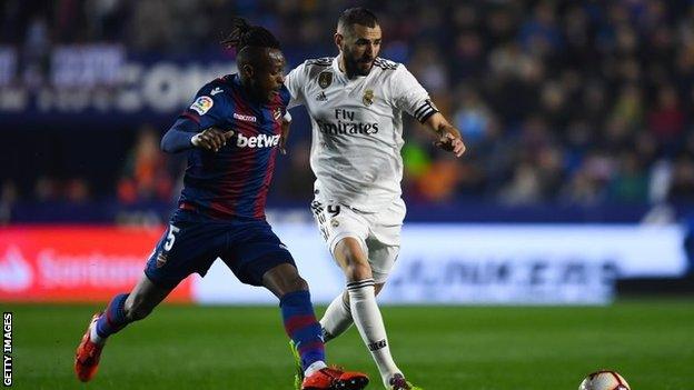 Cheick Doukoure in action for Levante against Real Madrid in La Liga on Sunday