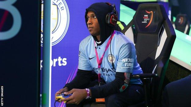 Ryan Pessoa of Manchester City eSports competes during the Fifa eClub World Cup in London in 2019