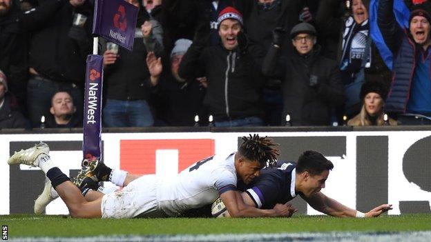 Scotland winger Sean Maitland scores against England at Murrayfield