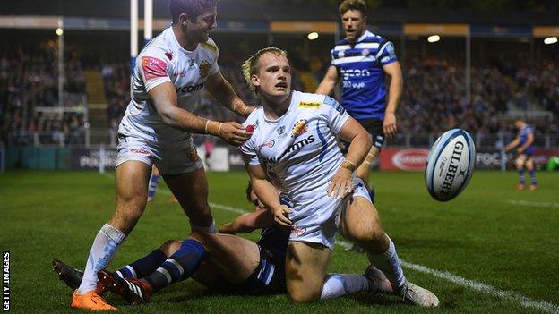 Stu Townsend celebrates Exeter's first try