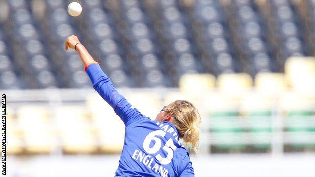 Alex Hartley bowls during the second one-day international against the West Indies