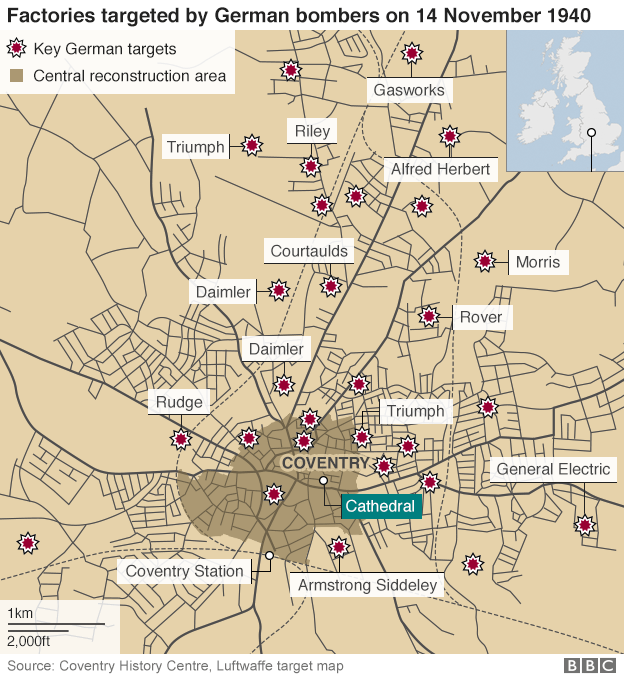 Map showing factories targeted by German bombers on 14/15 November 1940