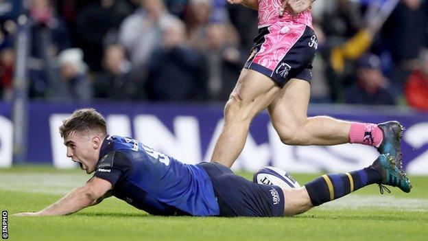 Leinster scrum-half Luke McGrath dives over for the decisive try of the game