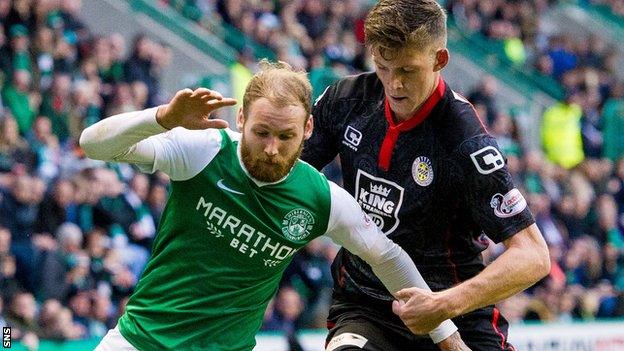 Hibs' Martin Boyle shields the ball from St Mirren's Jack Baird