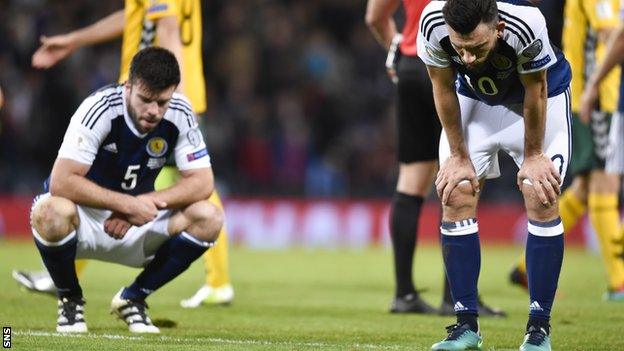 Scotland's Grant Hanley and Robert Snodgrass are left disappointed