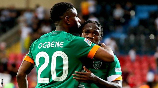 Ogbene and Michael Obafemi embrace at full-time