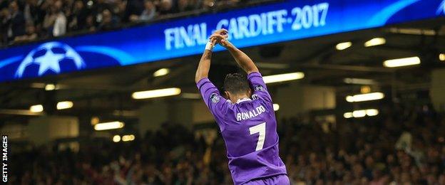 Ronaldo celebrates a goal during the 2017 Champions League final in Cardiff