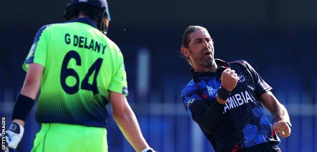 David Wiese celebrates taking a wicket for Namibia against Ireland