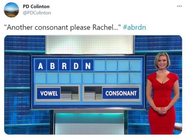 A mock-up of the word game in Countdown, with the letters 'ABRDN' in the background, with text reading 'Another consonant please Rachel..."