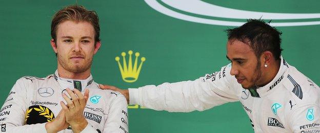 Nico Rosberg and Lewis Hamilton on the podium at the United States Grand Prix