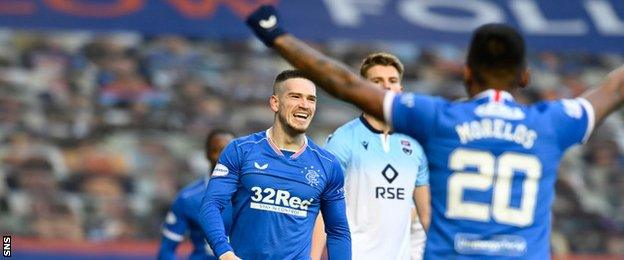 Rangers' Ryan Kent is congratulated by Alfredo Morelos